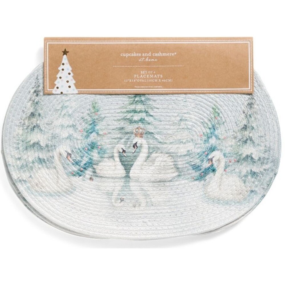 Set of 4 Same Oval Braided Placemats (12x18") CHRISTMAS TREES & WINTER SWANS,C&C